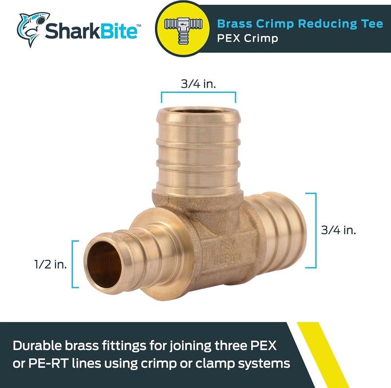 SharkBite Low wear optimized design 3/4 Inch x 1/2 Inch x 3/4 Inch Crimp Reducing Tee, Brass Plumbing Fitting, PEX Pipe, PE-RT, UC444LFA Air & land transit compatible - Image 2