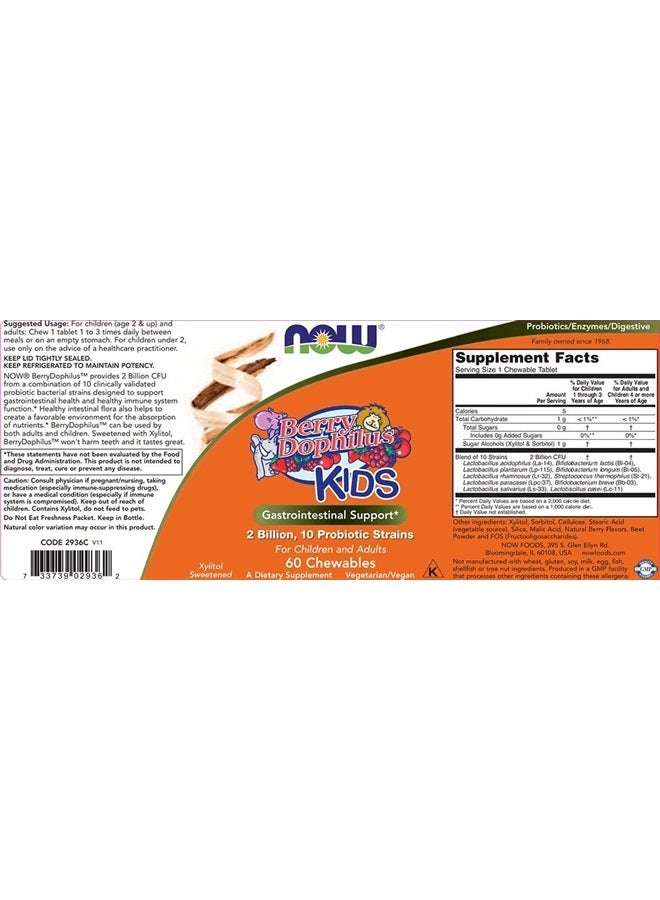 now Supplements, BerryDophilus™ with 2 Billion, 10 Probiotic Strains, Xylitol Sweetened, Strain Verified, 60 Chewables, packaging may vary - Image 2