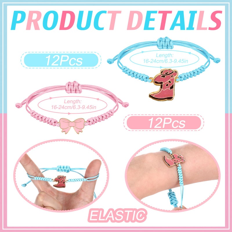 Kigeli 24 Pack Boots or Bows Gender Reveal Party Favors Pink Bow and Blue Boot Braid String Bracelets Gift Bulk Adjustable String Rope Braided Party Favors for Gender Reveal - Image 2