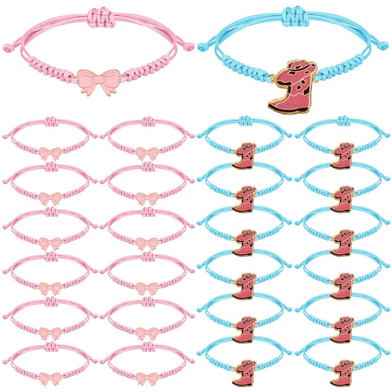 Kigeli 24 Pack Boots or Bows Gender Reveal Party Favors Pink Bow and Blue Boot Braid String Bracelets Gift Bulk Adjustable String Rope Braided Party Favors for Gender Reveal - Image 1