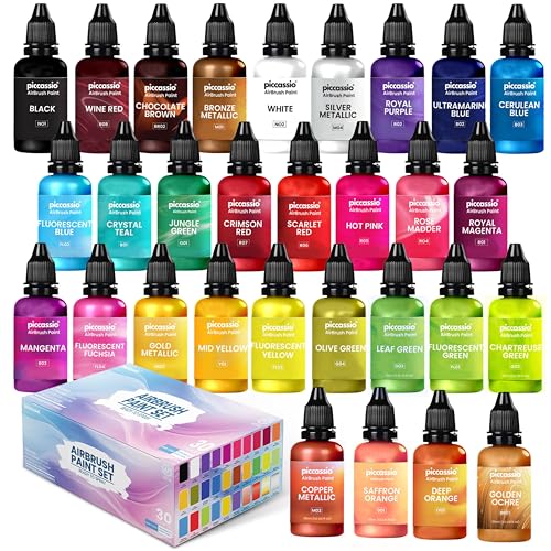 Piccassio Airbrush Paint, 30 Water-Based, Quick-Drying Colors for Artists & Beginners, Ideal for Wood, Ceramic, Paper, Plaster, Canvas, Plastic (30 ml/bottle) - Image 1