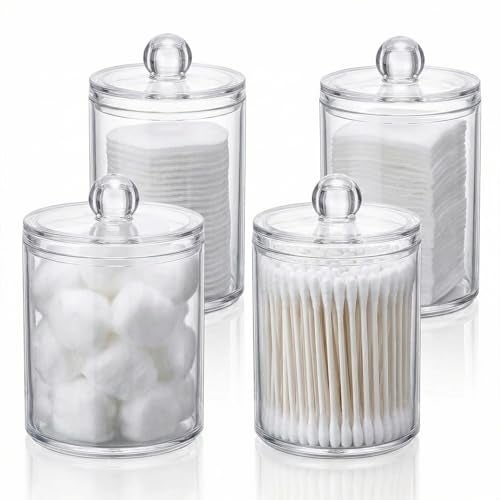 Zeinwap Cottonswab Storage Dispenser, Clear Cotton Ball Holder Cotton/Earbud Holder Storage Box, Cosmetics Makeup Storage Box for Women Organizer Container with Lid (Pack of 4) - Image 1