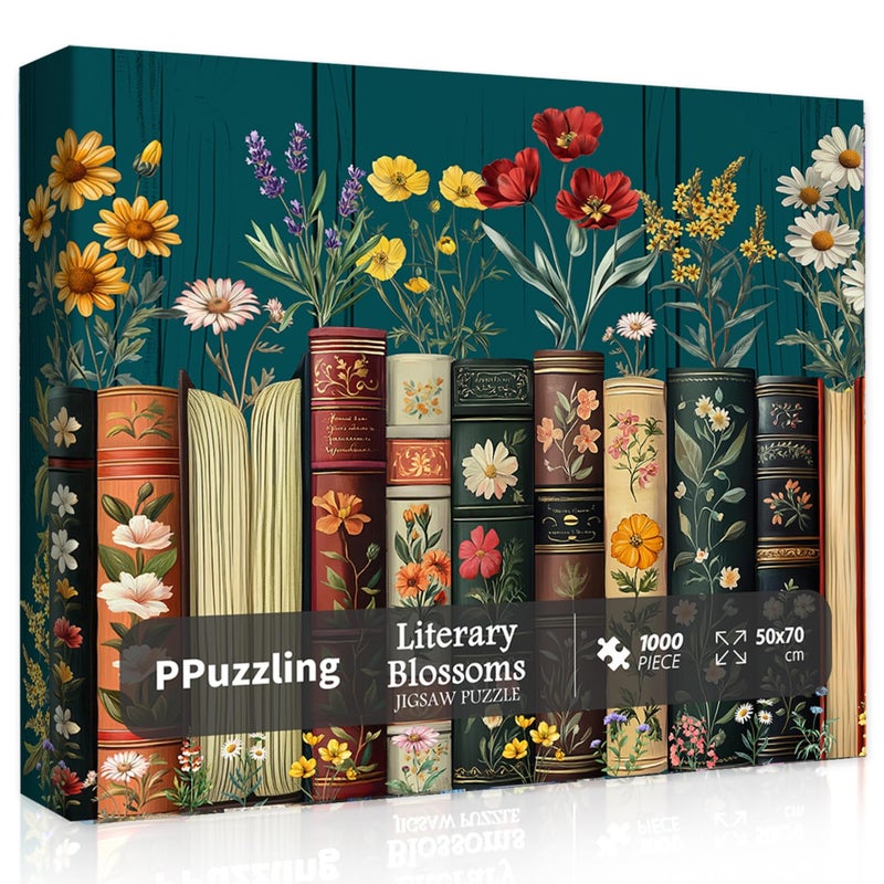 PPuzzling Vintage Wildflower Book Puzzles for Adults 1000 Pieces Plant Floral Books Pages Jigsaw Puzzle Retro Bookshelf Puzzles with Blossoming Wildflowers Botanical Literary Theme Puzzle for Book Lovers - Image 2