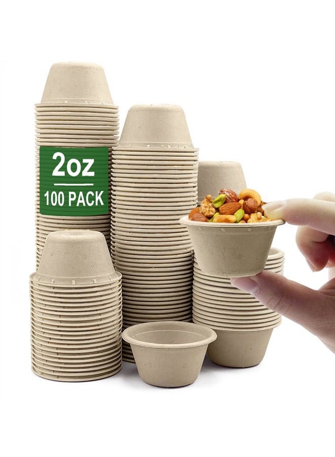CAMKYDE 2 oz Disposable Bagasse Fiber Souffle Cups 100pk, 100% Natural Biodegradable Compostable Condiment cups Sample Cups Tasting Cups (Natural, Pack of 100) - Image 1