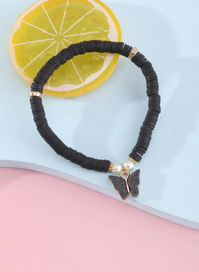 Take Two Girls Black Sequin Butterfly Charm Beaded Bracelet