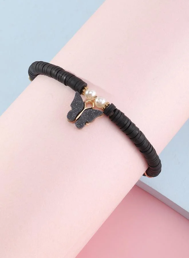 Take Two Girls Black Sequin Butterfly Charm Beaded Bracelet