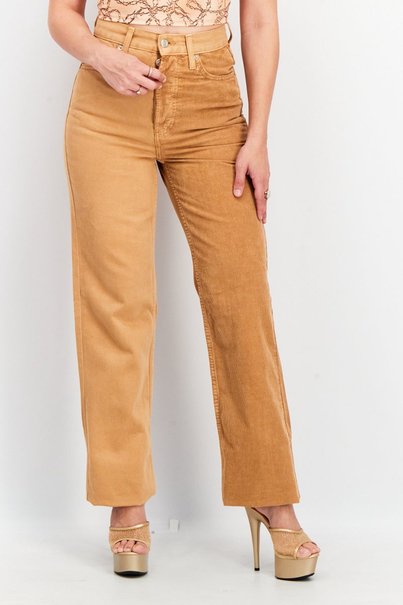 TOPSHOP Women Regular Fit Textured Corduroy Pants, Brown  - Image 1
