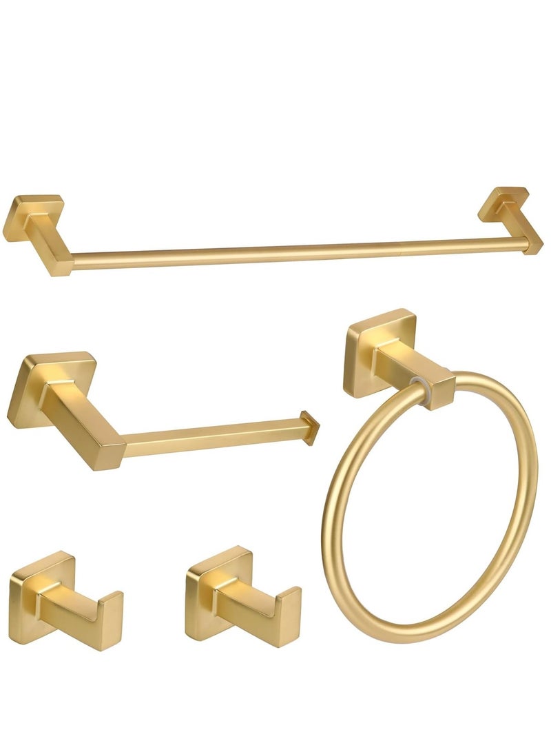 5 Pieces Brusehd Gold Bathroom Hardware Accessories Set,Stainless Steel 23.6" Hand Towel Bar Set Gold, Toilet Paper Holder, Towel Ring ，Towel Rack Set Gold - Image 1