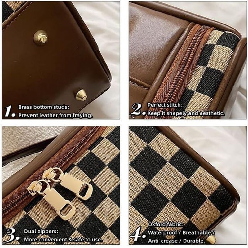 حقيبة مكياج كبيرة محمولة بنقشة مربعة، أسود - Image 3