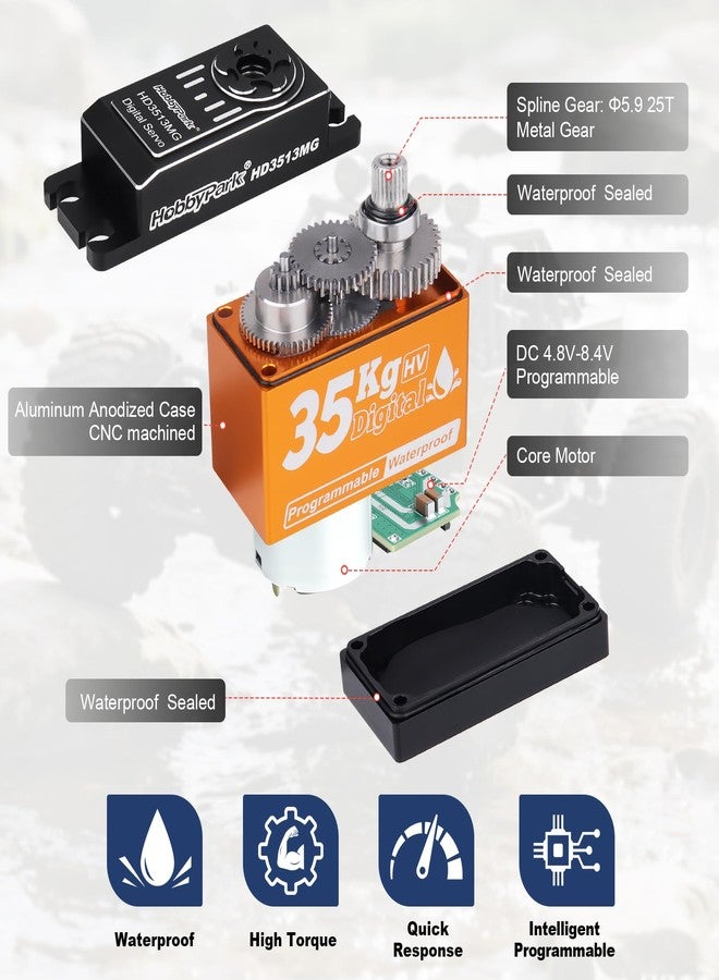 HobbyPark 35kg RC Servo Waterproof High Torque Metal Gear Digital Stainless Steel Gears Aluminum Case for 1/7 1/8 1/10 RC Crawler Car Truck Buggy Programmable Control Angle 180° (Core Motor) - Image 3