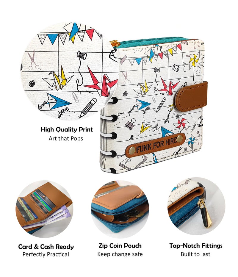 Funk For Hire Women’s White Origami Print Wallet | Vegan Leather Two-Fold Compact Wallet | 6 Card Slots | Coin Pouch with Zipper | Cash Compartment | Stylish Minimalist Purse - Image 2