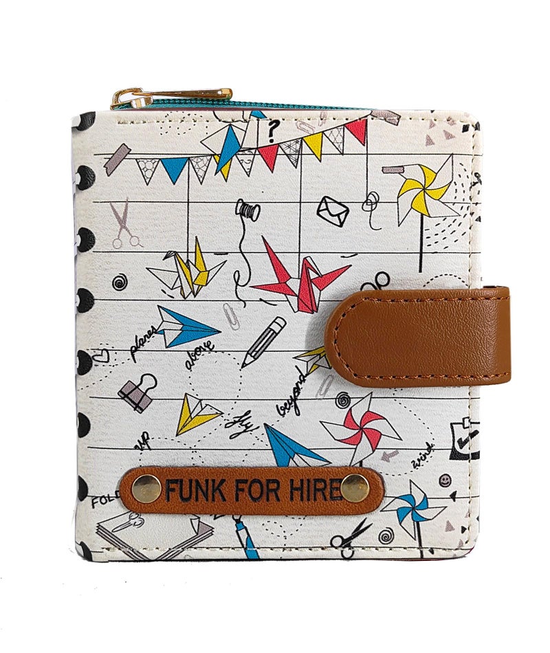 Funk For Hire Women’s White Origami Print Wallet | Vegan Leather Two-Fold Compact Wallet | 6 Card Slots | Coin Pouch with Zipper | Cash Compartment | Stylish Minimalist Purse - Image 1