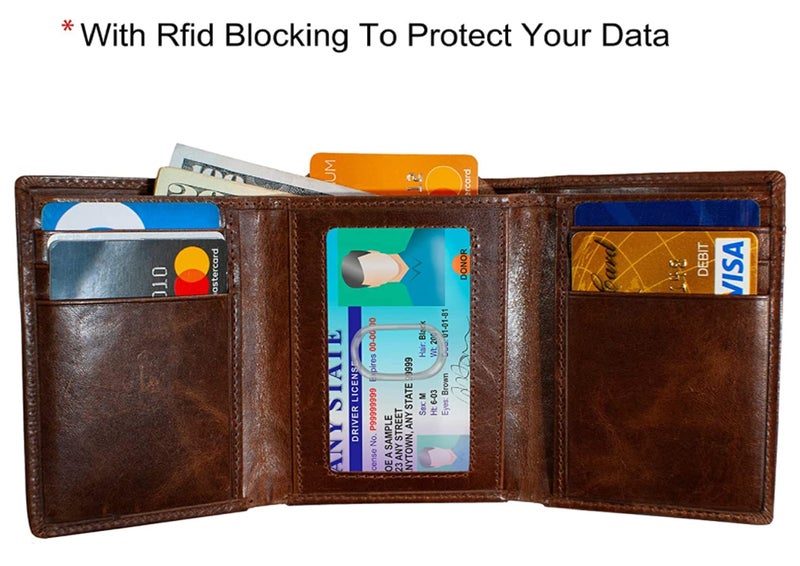 CONTACTS محفظة جلدية أصلية للرجال من كونتاكتس | محفظة مانعة لتقنية RFID للرجال | محفظة ثلاثية الطي | 8 إلى 10 فتحات بطاقات بما في ذلك نافذتين للهوية (بني) - Image 5