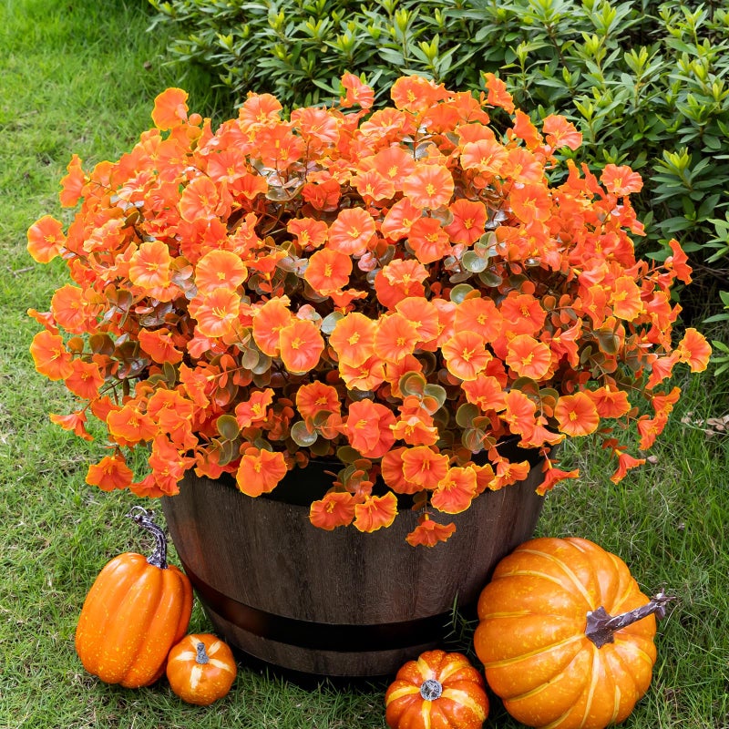 Lnoicy Artificial Fall Mums 12 Bundles Eucalyptus Fake Flowers for PlanterFake Morning Glory for Halloween HomePorchGarden Decoration Fall Orange - Image 2