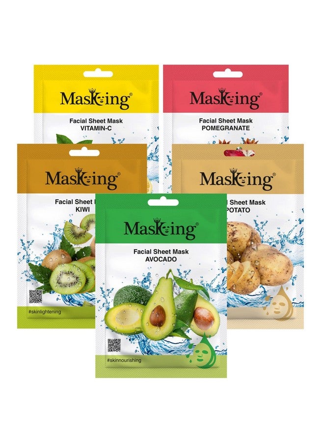 MasKing Beauty Facial Sheet Mask Lemon, Pomegranate, Kiwi, Avocado & Potato for Skin Brightening & Glowing for Women & Men, 100ml (Combo Of 5) - Image 1