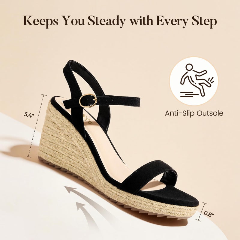Ankis Platform Wedge Sandals for Women, Black Espadrille Womens Wedge Sandals Comfortable Open Toe Ankle Strap High Heel Wedges for Women Dressy Summer -3.4Inch - Image 4