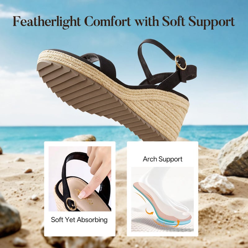 Ankis Platform Wedge Sandals for Women, Black Espadrille Womens Wedge Sandals Comfortable Open Toe Ankle Strap High Heel Wedges for Women Dressy Summer -3.4Inch - Image 5