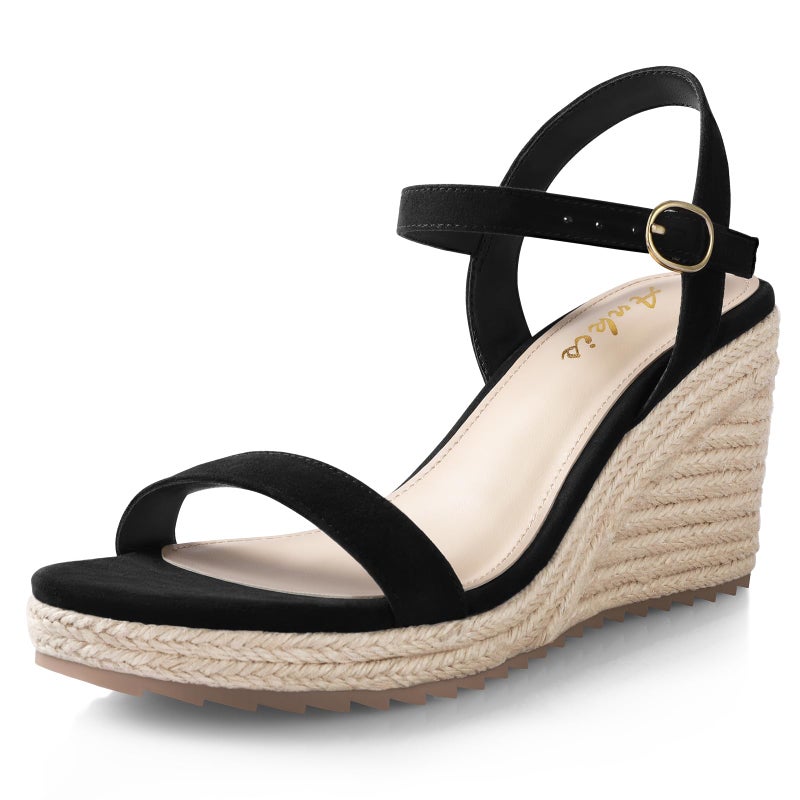 Ankis Platform Wedge Sandals for Women, Black Espadrille Womens Wedge Sandals Comfortable Open Toe Ankle Strap High Heel Wedges for Women Dressy Summer -3.4Inch - Image 1