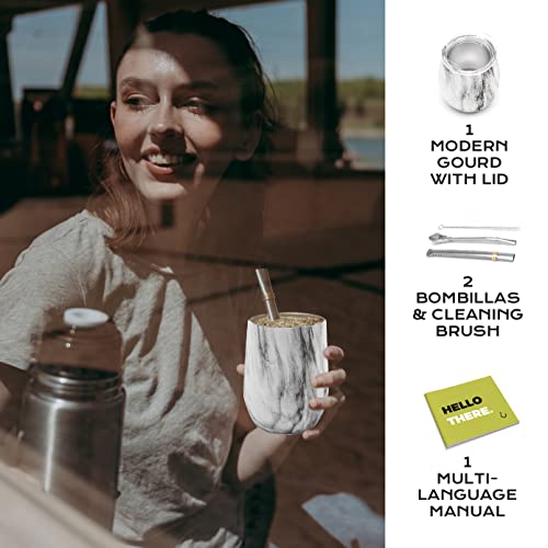 BALIBETOV 5 pcs large Yerba Mate Cup and Bombilla Kit, Includes one 8 oz Yerba Mate Gourd with Lid, Two Bombillas Mate Straw and one cleaning brush (Marble, 8.00) - Image 3
