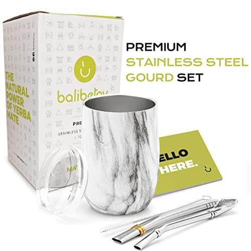 BALIBETOV 5 pcs large Yerba Mate Cup and Bombilla Kit, Includes one 8 oz Yerba Mate Gourd with Lid, Two Bombillas Mate Straw and one cleaning brush (Marble, 8.00) - Image 2