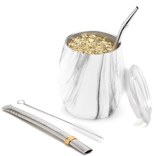 BALIBETOV 5 pcs large Yerba Mate Cup and Bombilla Kit, Includes one 8 oz Yerba Mate Gourd with Lid, Two Bombillas Mate Straw and one cleaning brush (Marble, 8.00) - Image 1