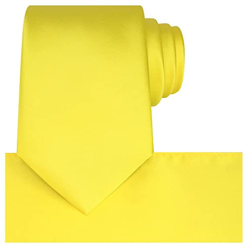 KissTies Mens Yellow Satin Tie Set Canary Solid Ties Holiday Necktie + Pocket Square - Image 1