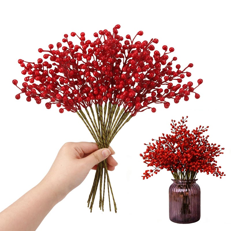 efivs arts Artificial Red Berry 8 Pack Holly Red Christmas Berries Stems for Xmas Tree Decorations Crafts and Thanksgiving Day Decor Fall - Image 1