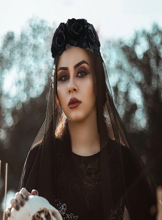 JEAIRTS Halloween Rose Veil Headband Skull Hair Band Black Flower Crown Day of The Dead Headpiece Gothic Costume Accessories (2-Black Veil Headband) - Image 2