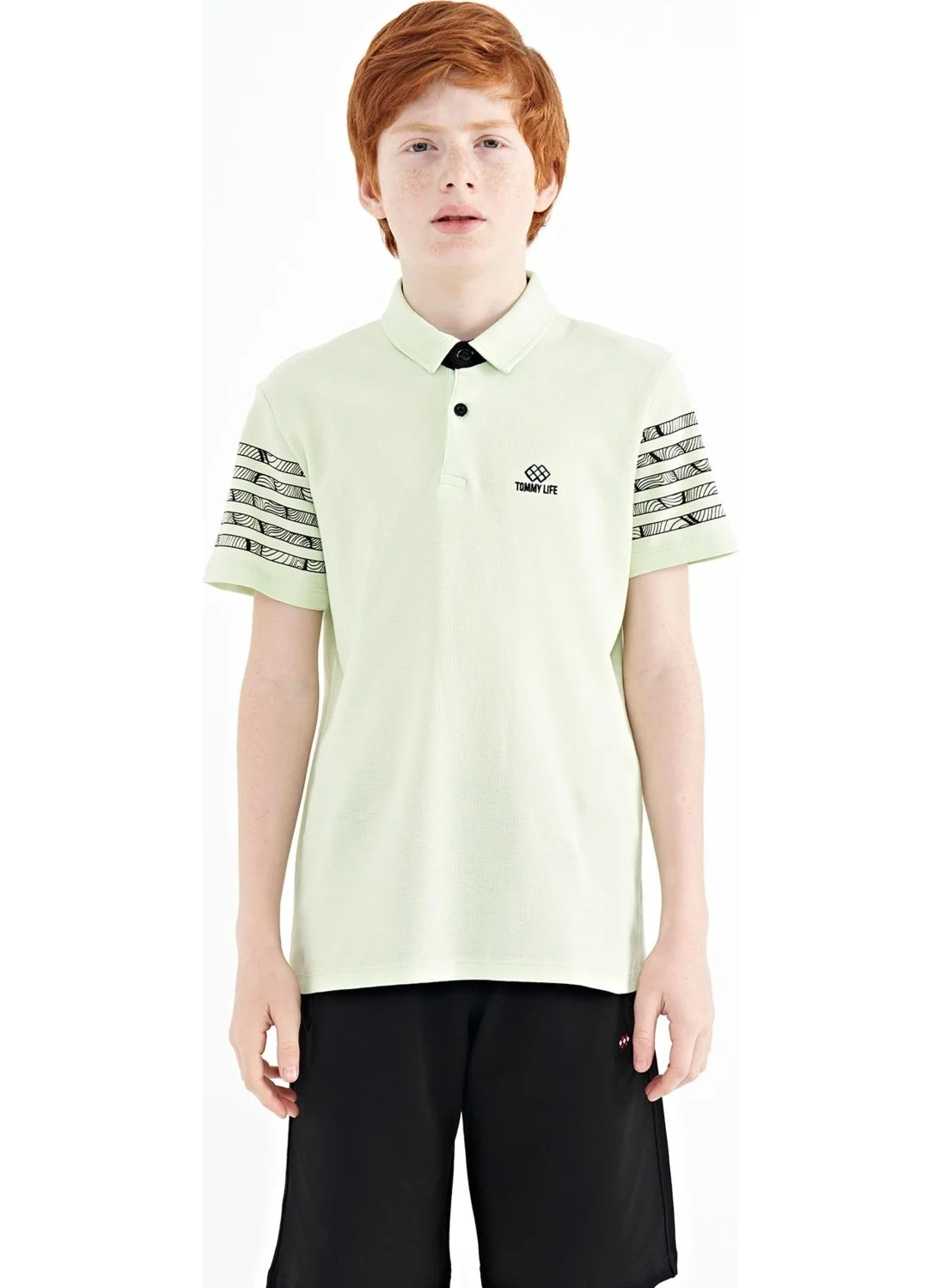 تومي لايف Light Green Sleeve Print Detailed Standard Pattern Polo Collar Boy T-Shirt - 11093