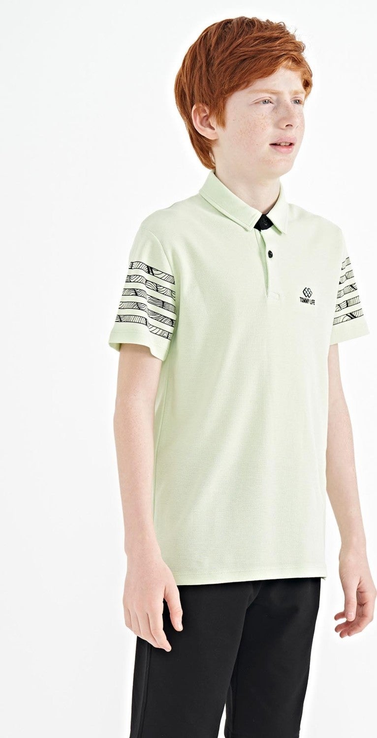 Tommy Life Light Green Sleeve Print Detailed Standard Pattern Polo Collar Boy T-Shirt - 11093  - Image 4