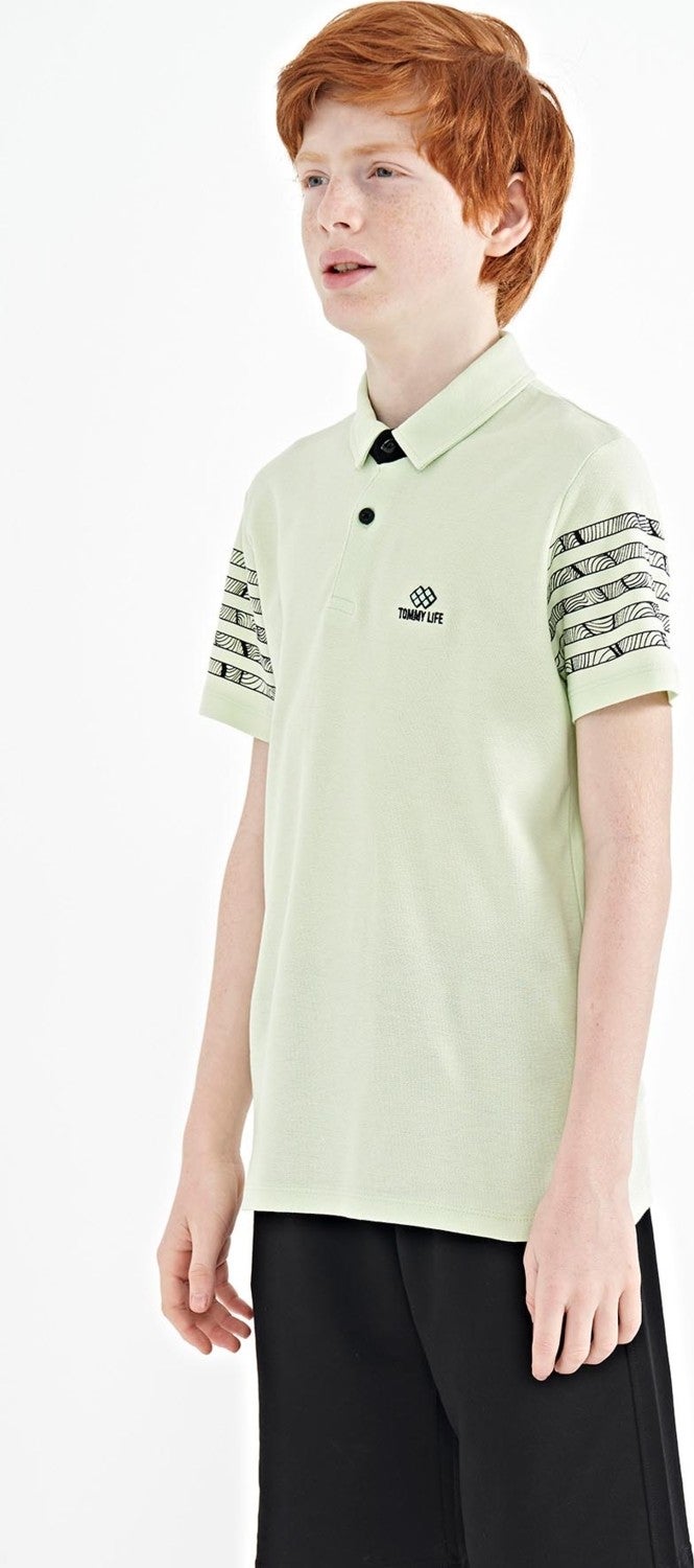 Tommy Life Light Green Sleeve Print Detailed Standard Pattern Polo Collar Boy T-Shirt - 11093  - Image 5