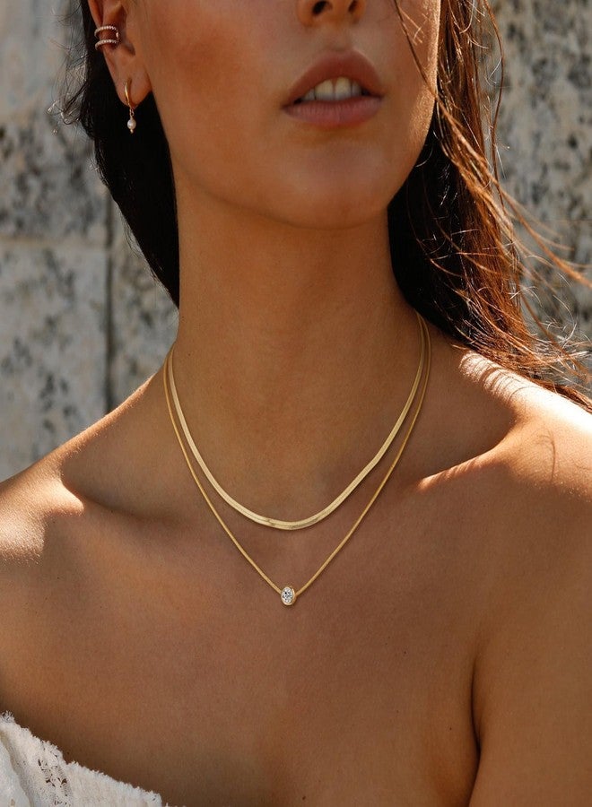 MBW Dainty Layered Gold Necklaces for women, 14K Gold Plated Cubic Zirconia Pendant Herringbone Chain Necklace Set Simple CZ Choker Neckalce Gold Jewelry for Women - Image 2