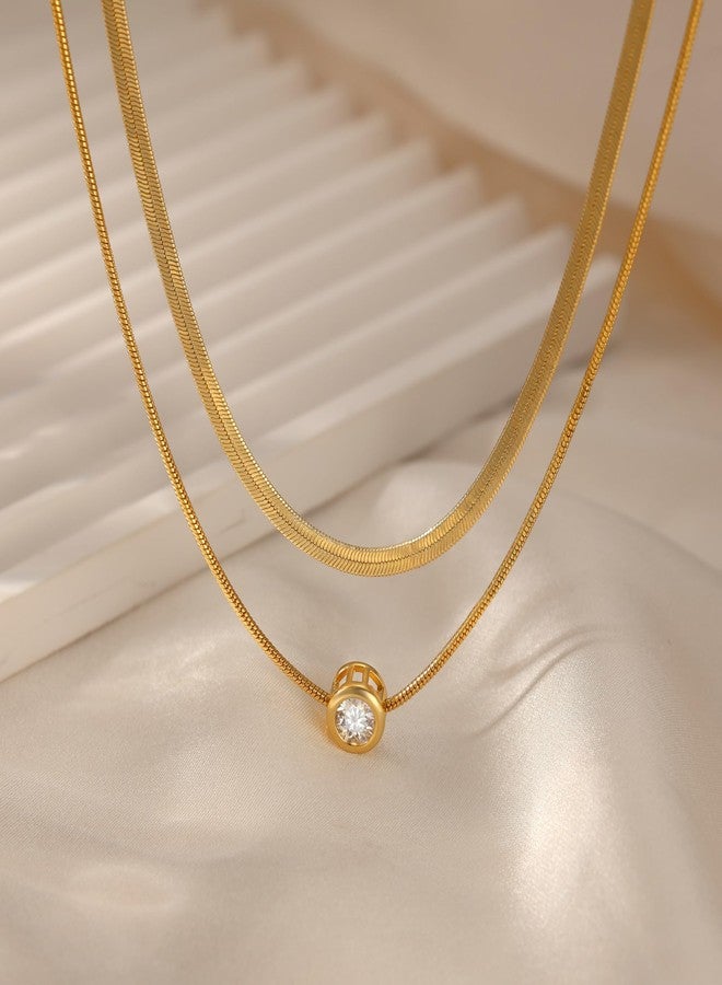 MBW Dainty Layered Gold Necklaces for women, 14K Gold Plated Cubic Zirconia Pendant Herringbone Chain Necklace Set Simple CZ Choker Neckalce Gold Jewelry for Women - Image 5