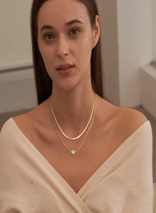 MBW Dainty Layered Gold Necklaces for women, 14K Gold Plated Cubic Zirconia Pendant Herringbone Chain Necklace Set Simple CZ Choker Neckalce Gold Jewelry for Women - Image 4