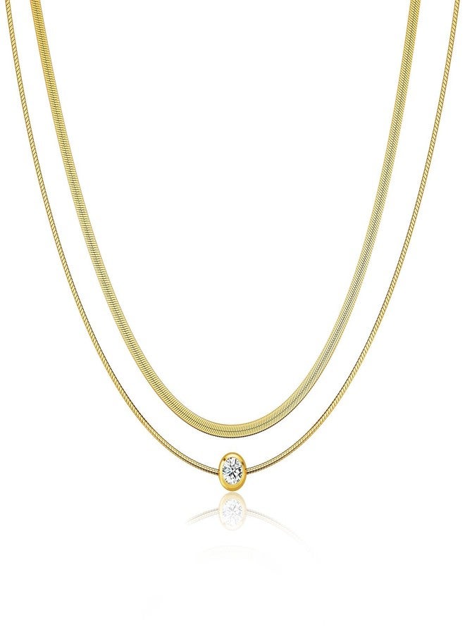 MBW Dainty Layered Gold Necklaces for women, 14K Gold Plated Cubic Zirconia Pendant Herringbone Chain Necklace Set Simple CZ Choker Neckalce Gold Jewelry for Women - Image 1