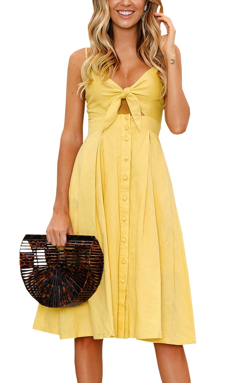 ECOWISH Women 2024 Summer Dresses Tie Front V-Neck Spaghetti Strap Button Down A-Line Backless Swing Midi Dress 572 Yellow S - Image 1