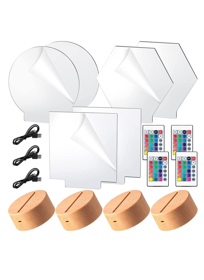 SYOSI - 3D Night LED Light Lamp Bases 6 Pieces Clear Acrylic Sheets LED Display Base Acrylic Blanks for LED Base Acrylic Light Panel with Remote Control USB Cable 16 Colors 4 Modes 4 Pieces Wood Color - Image 1