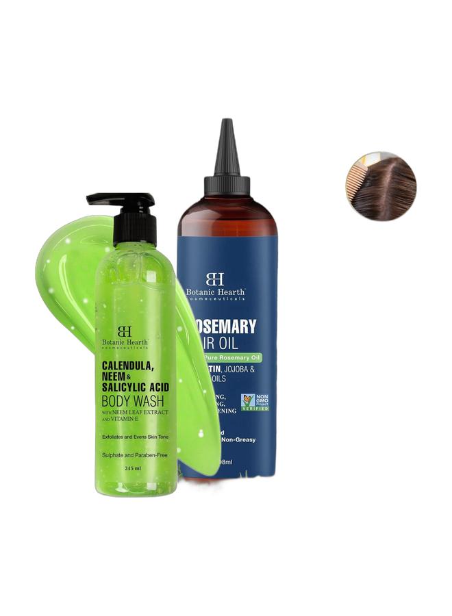 Botanic Hearth زيت إكليل الجبل 198 مل + غسول الجسم بالكالندولا والنييم 245 مل – زيت لنمو الشعر وتقويته مع البيوتين + غسول جسم مكافحة حب الشباب، خالي من الكبريتات - Image 1