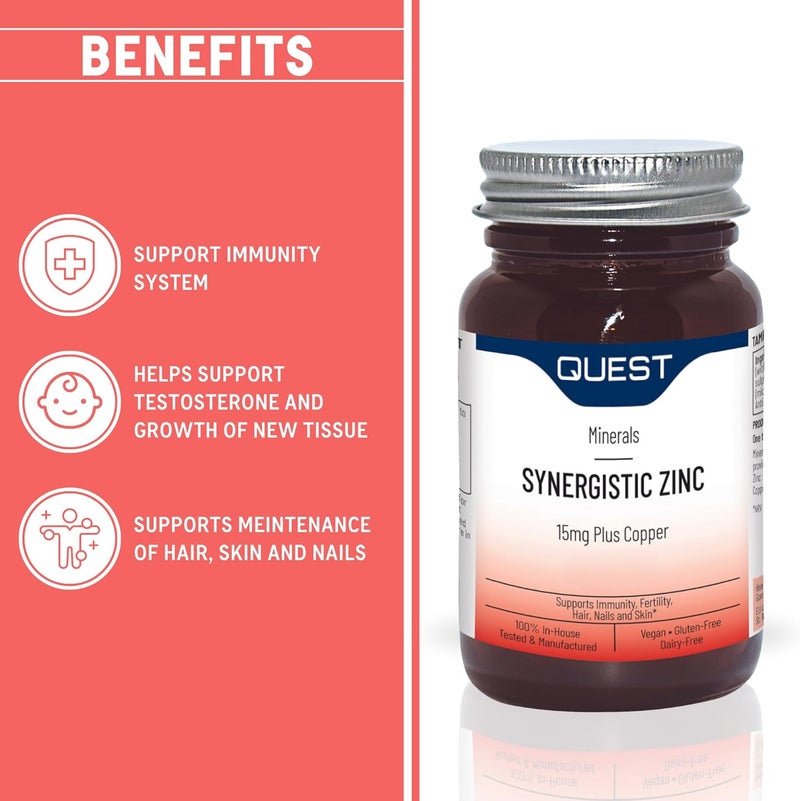 Quest 90x 15mg Synergistic Zinc with Copper for Immune System Support Hair Skin Nails Booster Daily Vegan Gluten Free Zinc Supplements Capsules for Immunity Antioxidant Pack of 1 - Image 2