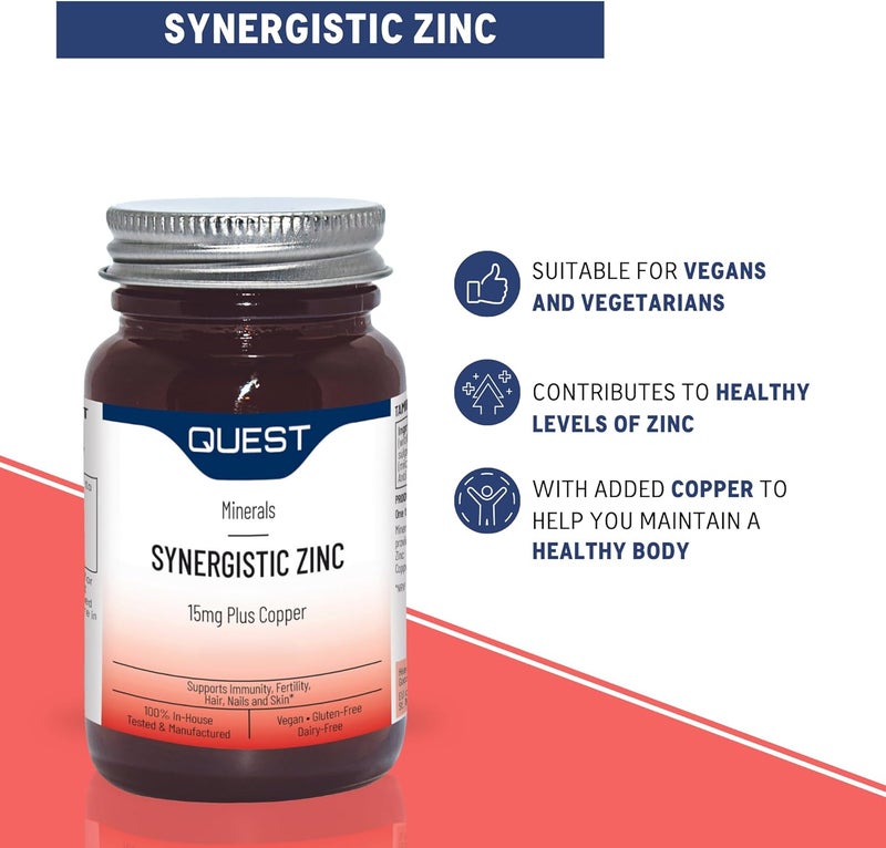 Quest 90x 15mg Synergistic Zinc with Copper for Immune System Support Hair Skin Nails Booster Daily Vegan Gluten Free Zinc Supplements Capsules for Immunity Antioxidant Pack of 1 - Image 3