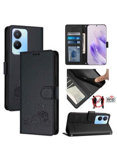 Case Cover For vivo Y56 5G Global Cat Rat Embossed Pattern RFID Leather Phone Case with Lanyard Black