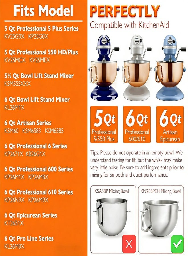 TIZZE ملحق خفق KN256WW لخلاطات KitchenAid سعة 6 كوارت ذات وعاء قابل للرفع - آمن للغسل في غسالة الأطباق، مضرب من الفولاذ المقاوم للصدأ بستة أسلاك - شديد التحمل لخفق الكريمة والبيض والمايونيز والكيك بسرعة - Image 4