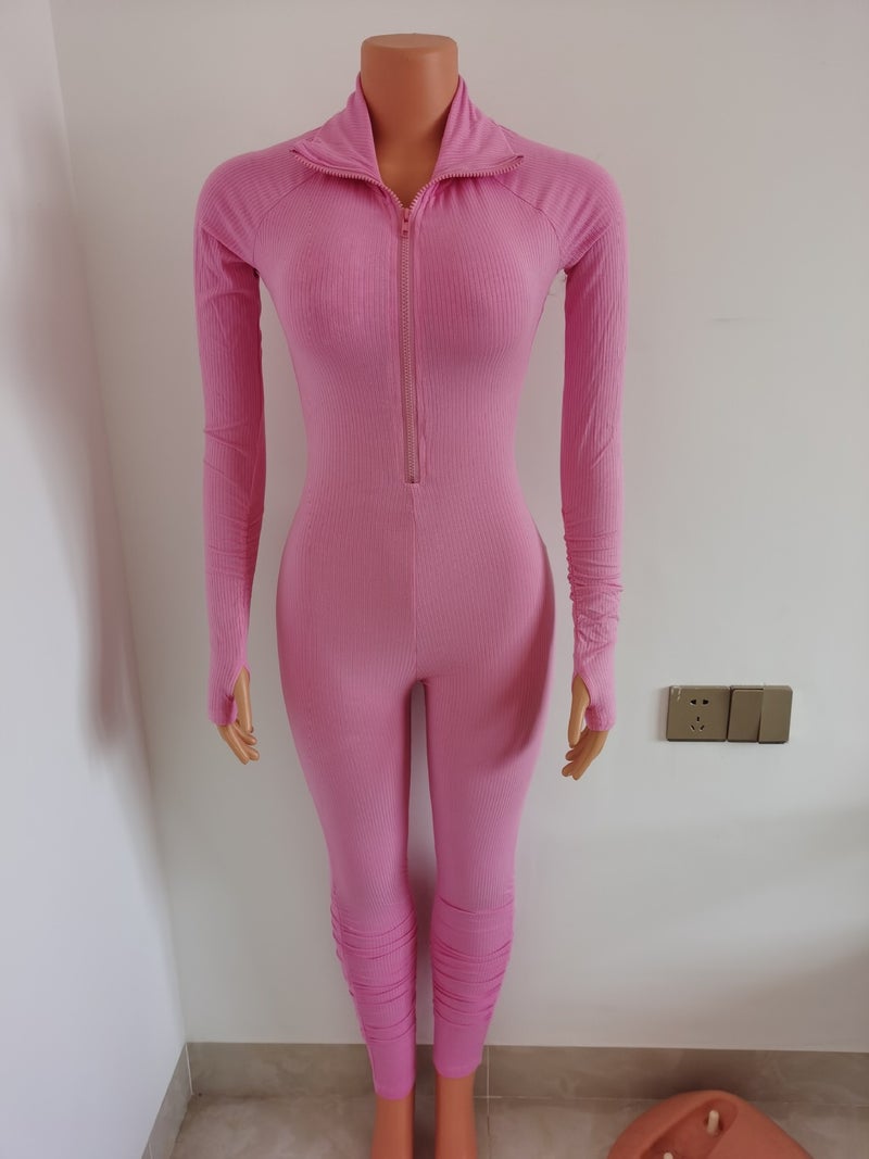 FF1001 European and American Plus Size Womens Pit Tight Jumpsuit Leg Sleeve Pleated High Elastic Jumpsuit Pink - Image 1