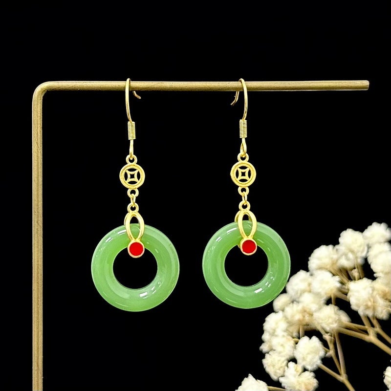 Elegant Chinese-Style Enamel-Inspired Hoop Earrings with Peace Symbol Pendant for Women, Long Drop Ear Hooks in Black