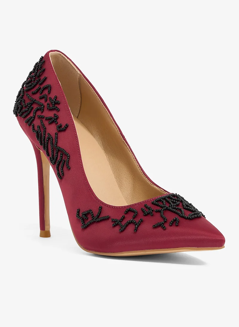 Ella Limited Edition Burgundy satin pump with black floral beading, pointed toe, stiletto heel