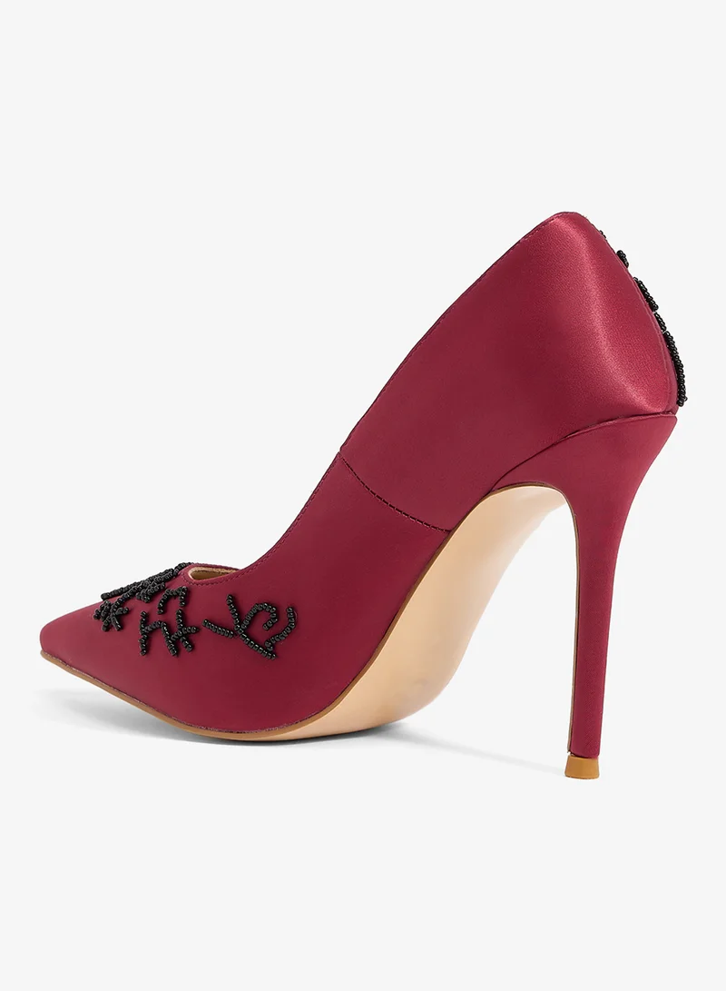 Ella Limited Edition Burgundy Burgundy satin pump with black floral beading, pointed toe, stiletto heel for Women | Best Price UAE