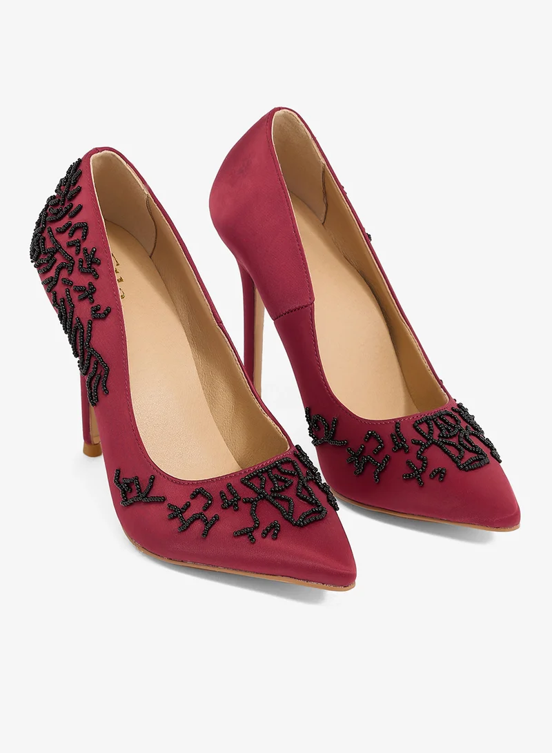 Ella Limited Edition Burgundy Burgundy satin pump with black floral beading, pointed toe, stiletto heel for Women | Best Price UAE