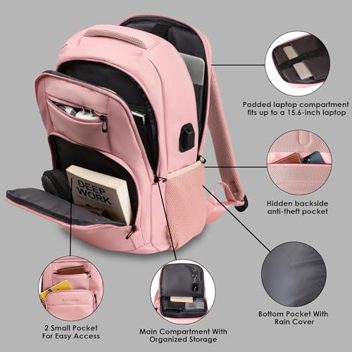 Red Lemon 26L Laptop Backpack for Men & Women | Fits 15.6” Laptop | Water-Resistant Nylon with Rain Cover | Lightweight Large-Capacity Office, College & Travel Backpack with Bottle Pocket - Pink - Image 4