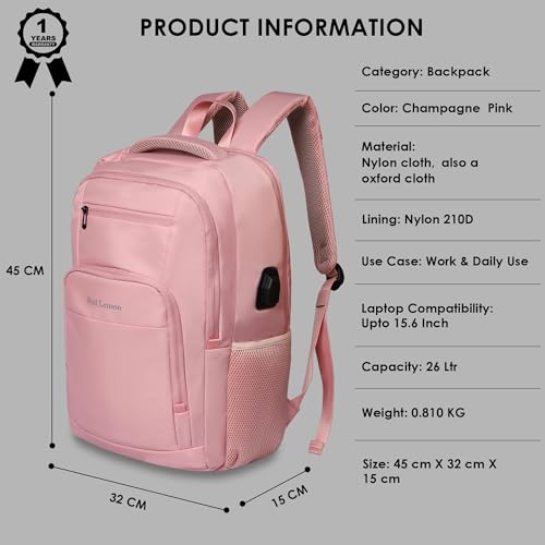 Red Lemon 26L Laptop Backpack for Men & Women | Fits 15.6” Laptop | Water-Resistant Nylon with Rain Cover | Lightweight Large-Capacity Office, College & Travel Backpack with Bottle Pocket - Pink - Image 3