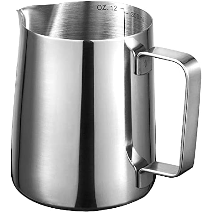 سكاي تاتش إبريق رغوة الحليب من الفولاذ المقاوم للصدأ سعة 350 مل، قياسات على كلا الجانبين من الداخل بالإضافة إلى قطعة قماش من الألياف الدقيقة مثالية لآلات الإسبريسو ورغوة الحليب وفن اللاتيه الفضي 0782948290865 - Image 1